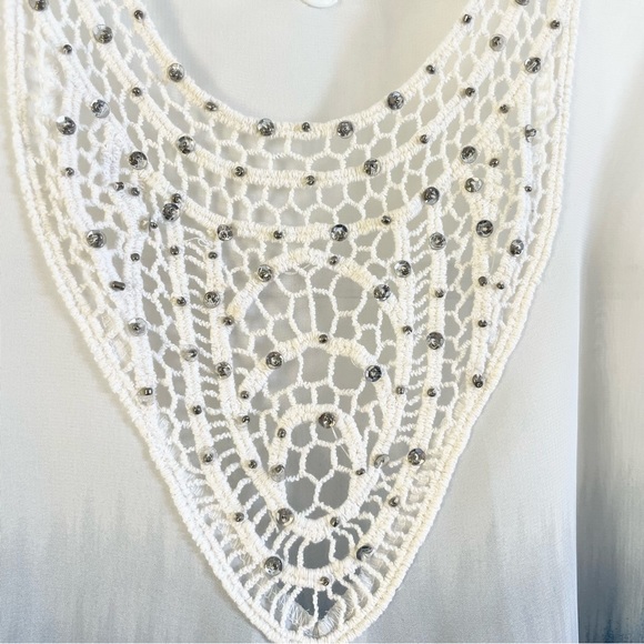 Sheer sleeveless white blouse crochet sequin décolletage ombré tie dye blue - Picture 9 of 11